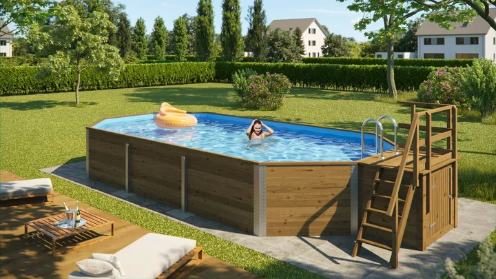 Gartenpool 594, 850x376, Holztreppe, Filteranlage