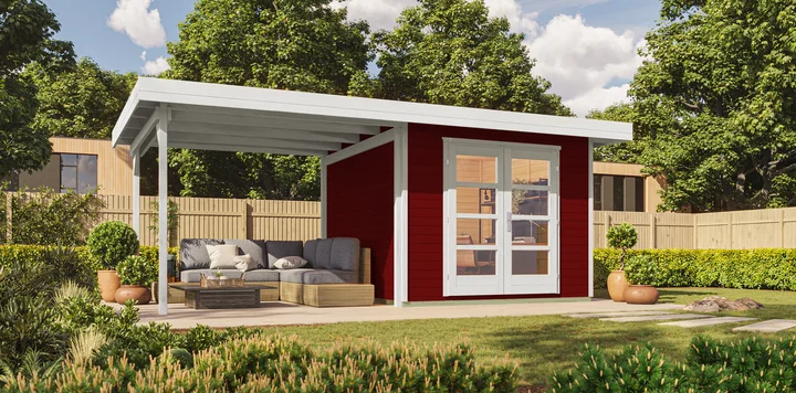 Gartenhaus Marlo 126, 590x241, Anbau2, Panoramatür, schwedenrot