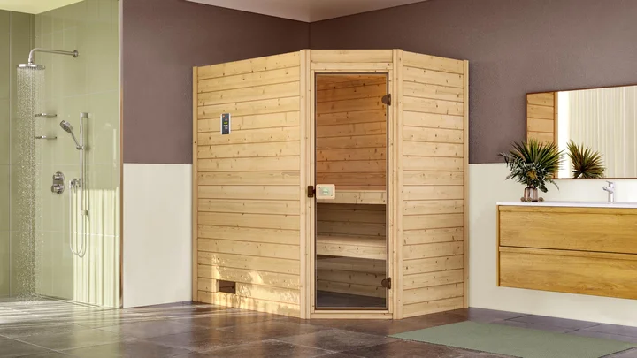 Massivholzsauna Valida Eck, 189x139, Eckeinstieg, Glastür