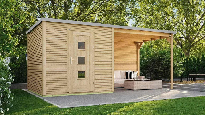 Gartenhaus Granby wekaLine 413, 596x300, Anbau2, Einzeltür, extrahoch, naturbelassen