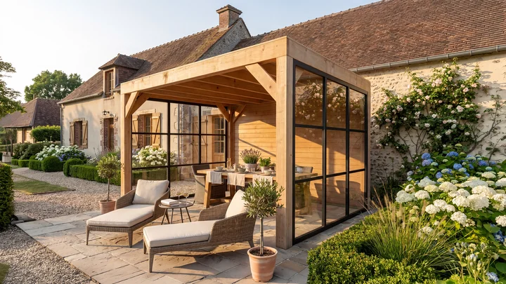 Gartenlaube Lumley, 399x307, Wand, 2 Glaselemente, naturbelassen