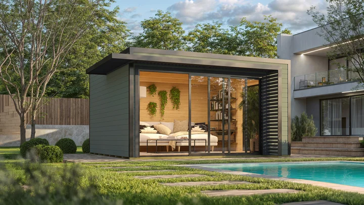 Gartenhaus Amberley, 400x400, 2 Glasschiebetüren, grüngrau/anthrazit