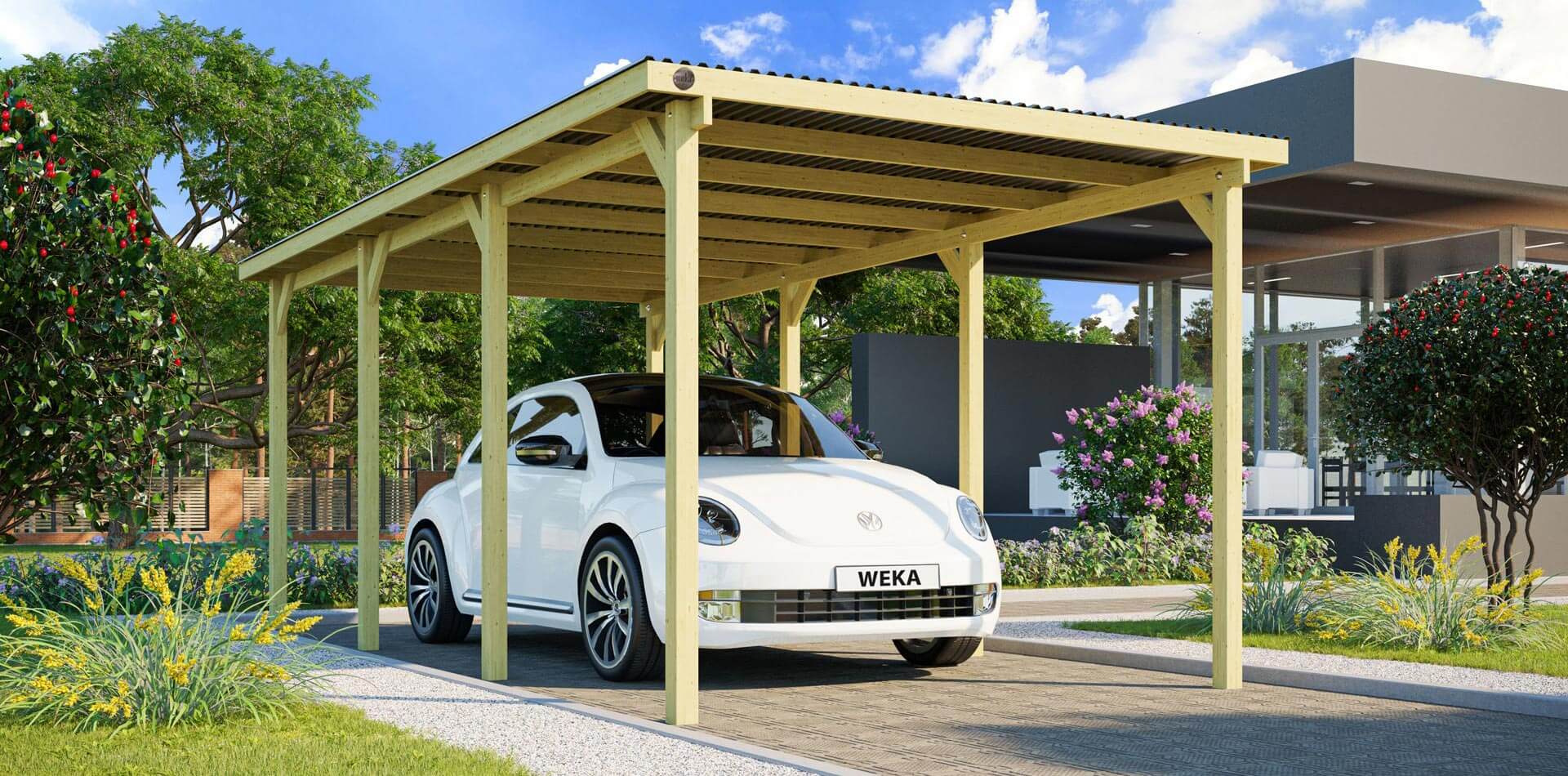 Ein weißer VW Beatle steht in einem Einzel-Carport aus Holz