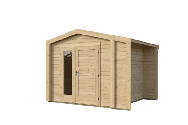 Gartenhaus Killarney, 300x250, Anbau, Design-Doppeltür, naturbelassen