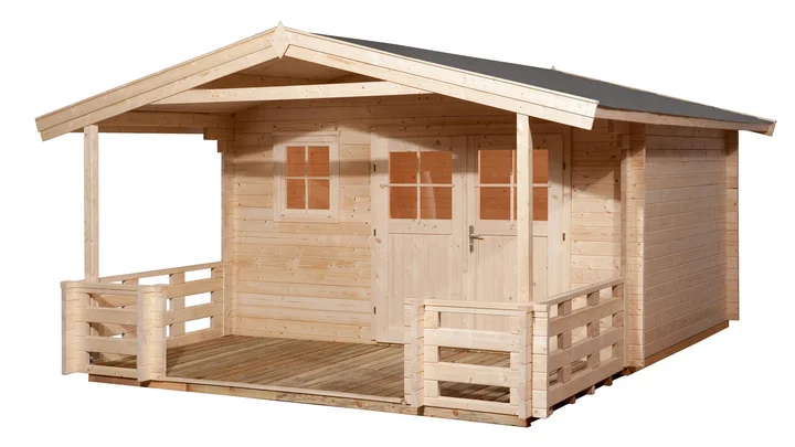 Gartenhaus Blumberg 136, 380x580, Terrasse, Fenster, Doppeltür, naturbelassen