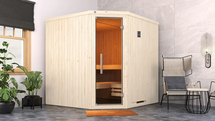 Elementsauna Varberg, 192x192, Glastür, Weiß