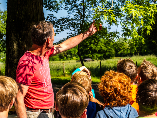 Mitarbeiter der Tabaluga Stiftung erklärt einigen Kindern etwas an einem Baum