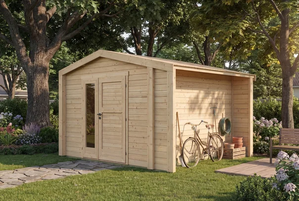 Gartenhaus Killarney, 350x300, Anbau, Design-Doppeltür, naturbelassen