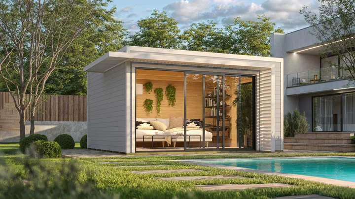 Gartenhaus Amberley, 400x400, 2 Glasschiebetüren, grau/weiß