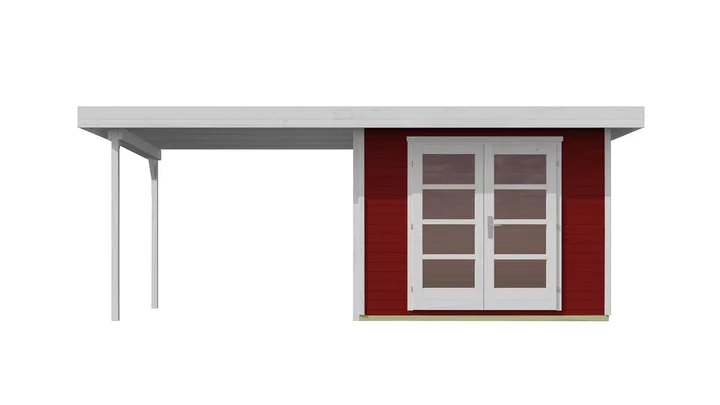 Gartenhaus Marlo 126, 590x241, Anbau2, Panoramatür, schwedenrot