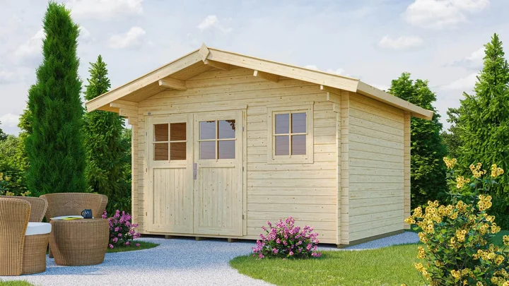 Gartenhaus Blumberg 109, 340x250, Vordach, Fenster, Doppeltür, naturbelassen