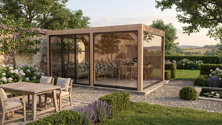 Gartenlaube Lumley, 499x307, 2 Wände, 2 Glaselemente, 2 Schiebetüren, naturbelassen