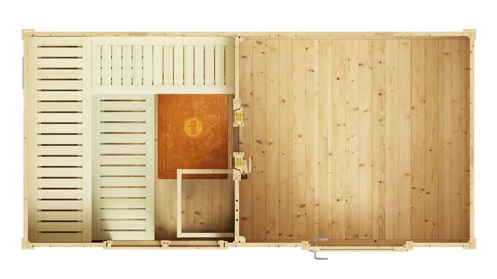 Saunahaus Farsund, 390x187, Glastür, Ruheraum, Fenster, naturbelassen