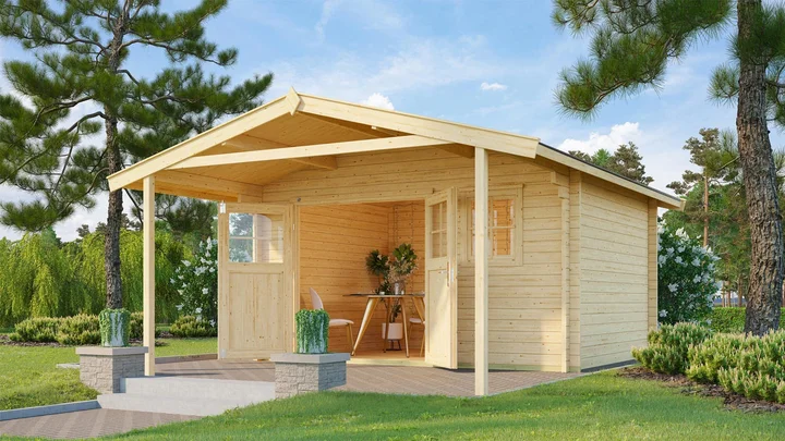 Gartenhaus Blumberg 136, 380x500, Vordach, Fenster, Doppeltür, naturbelassen