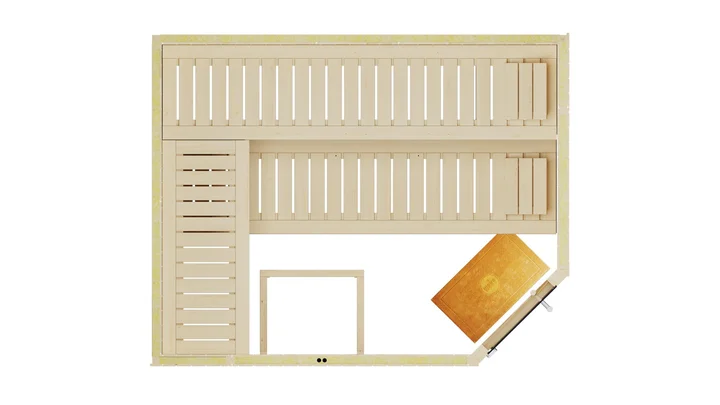 Elementsauna Varberg, 242x192, Eckeinstieg, Glastür, naturbelassen