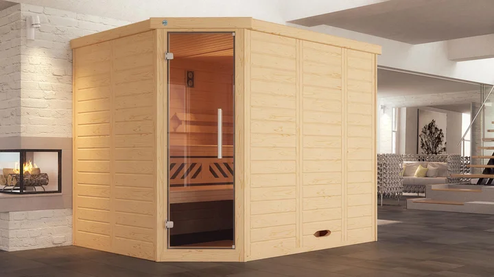 Massivholz-Elementsauna Kemi Eck, 238x188, Glastür