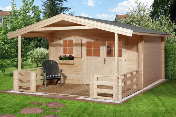 Gartenhaus Blumberg 136, 380x580, Terrasse, Fenster, Doppeltür, naturbelassen