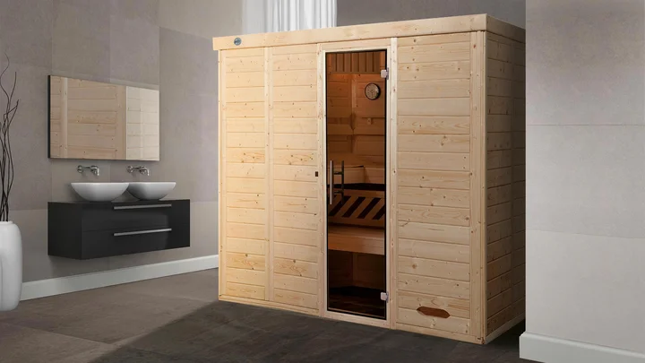 Massivholz-Elementsauna Kemi, 238x188, Glastür