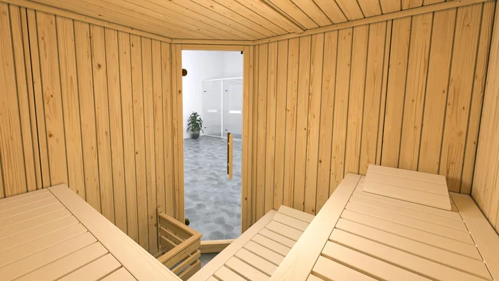 Elementsauna Varberg, 192x192, Eckeinstieg, Glastür, weiß