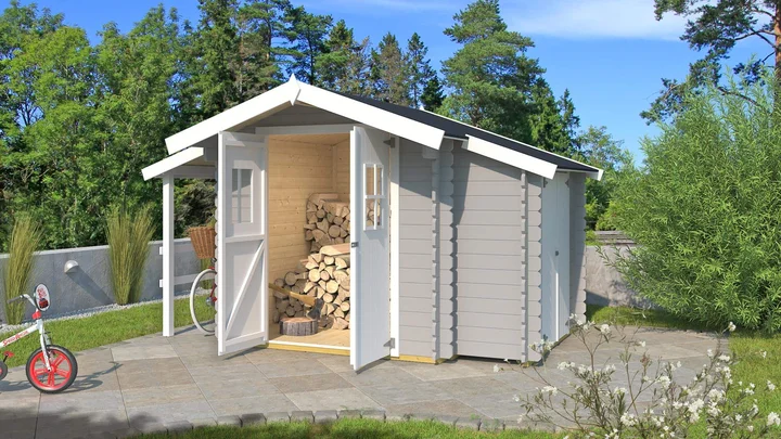 Gartenhaus Louis 3, 340x200, Doppeltür, Schleppdach, Anbauschuppen, grau/weiß