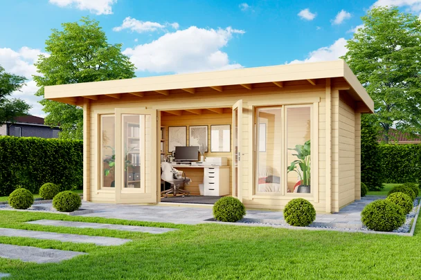 Gartenhaus Stoke 709, 480x250, 2 Fenster, Panorama-Doppeltür, naturbelassen