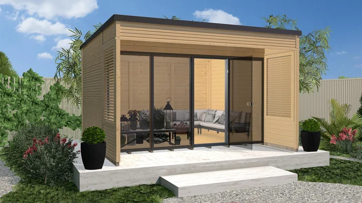 Gartenhaus Cubilis wekaLine 414, 380x480, Glastür, 3 Fenster, Lamellen, naturbelassen