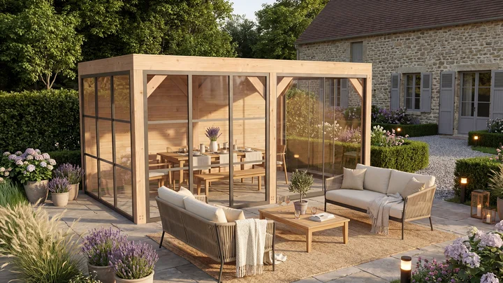 Gartenlaube Lumley, 499x307, 2 Wände, 2 Glaselemente, 2 Schiebetüren, naturbelassen