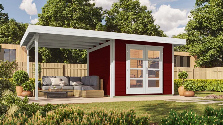 Gartenhaus Marlo 126, 590x241, Anbau2, Panoramatür, schwedenrot