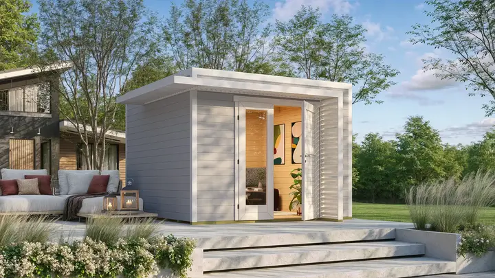 Gartenhaus Amberley, 300x300, Design-Doppeltür, grau/weiß