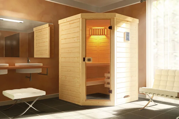 Massivholz-Elementsauna Laukkala, 139x139, Glastür