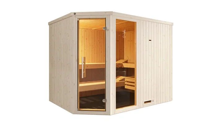 Elementsauna Varberg, 242x192, Fenster, Eckeinstieg, Glastür, weiß