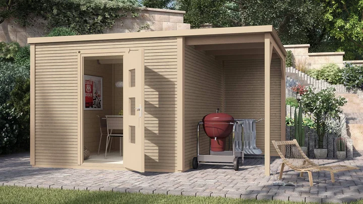 Gartenhaus Granby wekaLine 413, 450x300, Anbau1, Einzeltür, extrahoch, naturbelassen
