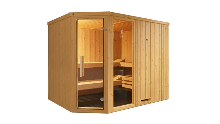 Elementsauna Varberg, 242x192, Fenster, Eckeinstieg, Glastür, naturbelassen
