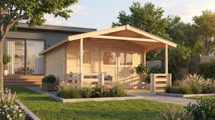 Gartenhaus Blumberg 136, 380x500, Terrasse, Fenster, Doppeltür, naturbelassen
