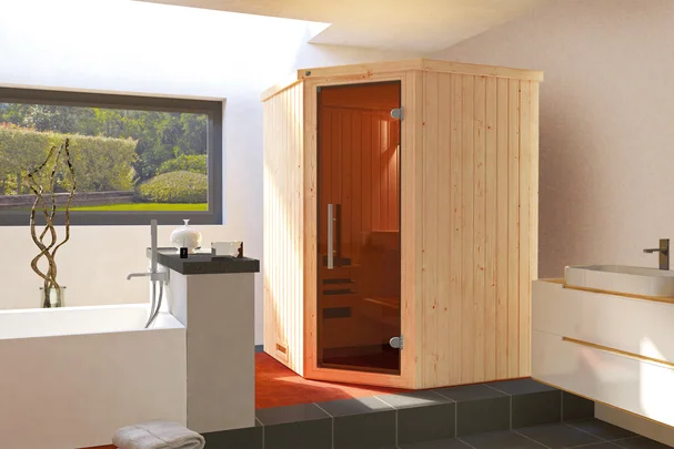 Elementsauna Kiruna, 142x142, Eckeinstieg, Glastür