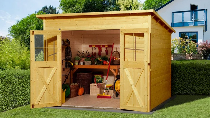 Gartenhaus Blackmount 325, 299x250, Pultdach, Doppeltür, Eiche hell