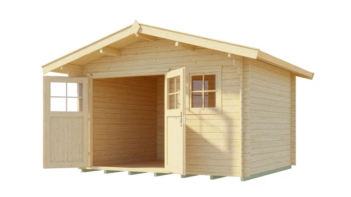 Gartenhaus Blumberg 109, 340x250, Vordach, Fenster, Doppeltür, naturbelassen
