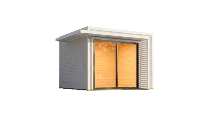 Gartenhaus Amberley, 300x300, Glasschiebetür, grau/weiß