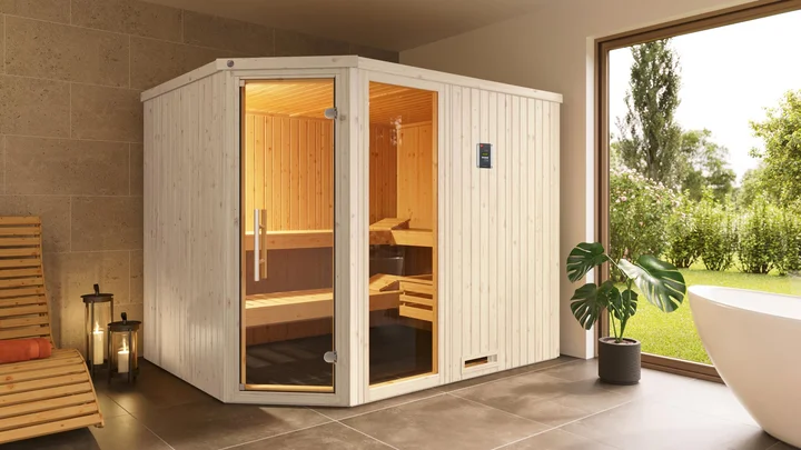 Elementsauna Varberg, 242x192, Glastür, Weiß