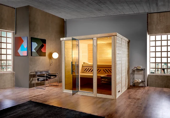 Massivholz-Elementsauna Kemi Panorama, 209x210, 2 Fenster, Glastür