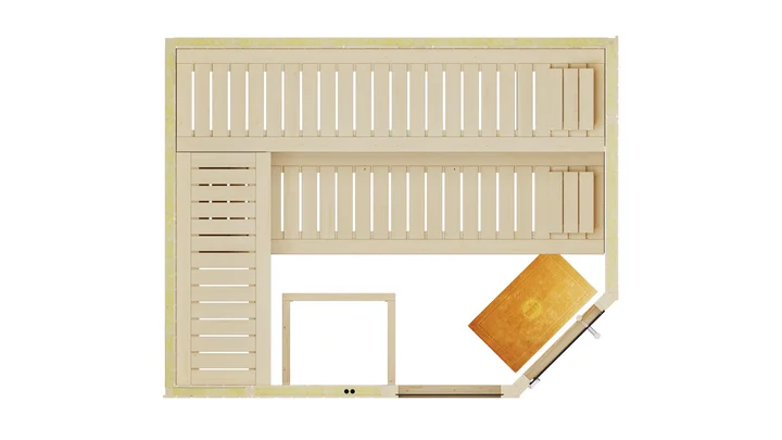Elementsauna Varberg, 242x192, Fenster, Eckeinstieg, Glastür, weiß