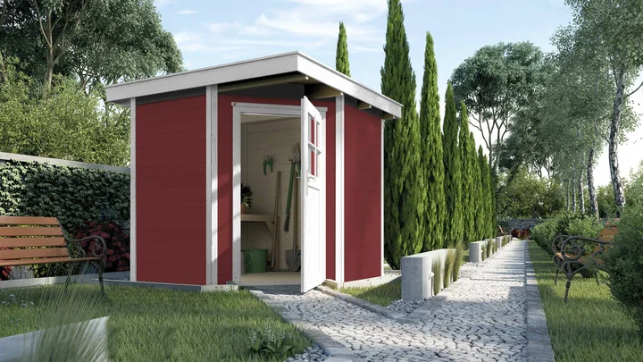 Gartenhaus Blackmount Angle 229, 209x205, Eckeinstieg, Einzeltür, schwedenrot