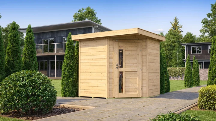 Gartenhaus Blackmount Angle 229, 209x205, Eckeinstieg, Design-Einzeltür, naturbelassen