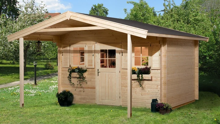 Gartenhaus Blumberg 138, 380x580, Vordach, Einzeltür extrahoch, 2 Fenster, naturbelassen