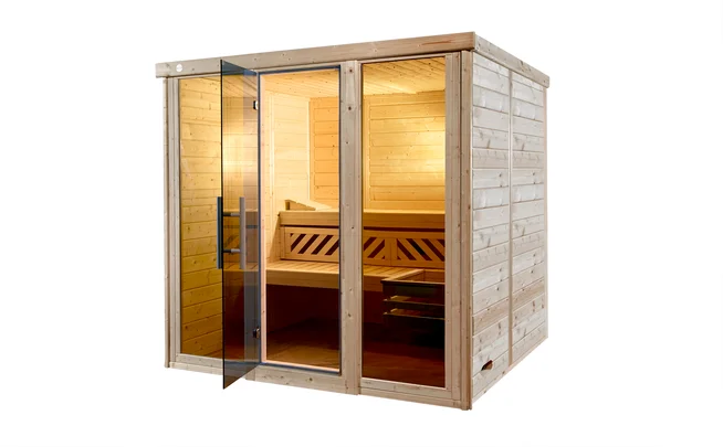 Massivholz-Elementsauna Kemi Panorama, 209x210, 2 Fenster, Glastür