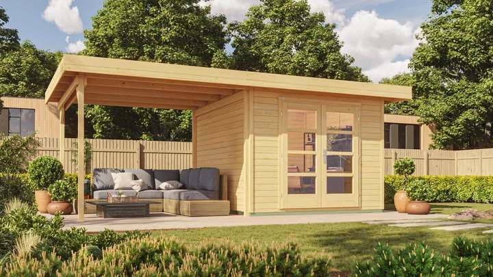 Gartenhaus Marlo 126, 590x241, Anbau2, Panoramatür, naturbelassen