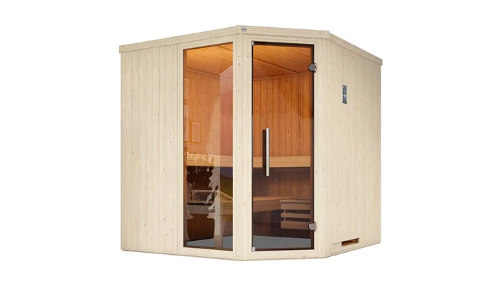 Elementsauna Varberg, 192x192, Fenster, Eckeinstieg, Glastür, weiß