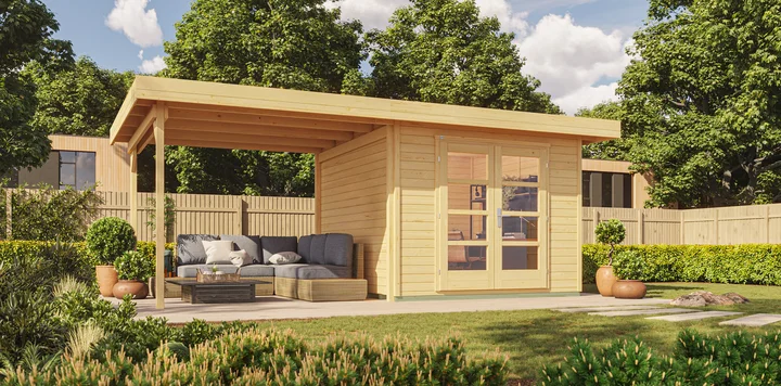 Gartenhaus Marlo 126, 590x241, Anbau2, Panoramatür, naturbelassen