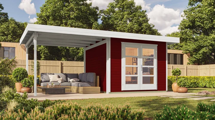 Gartenhaus Marlo 126, 590x301, Anbau2, Panoramatür, schwedenrot