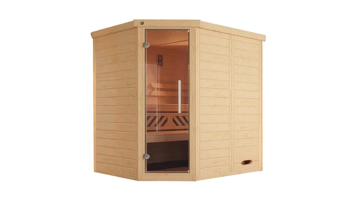 Massivholz-Elementsauna Kemi Eck, 188x140, Eckeinstieg, Glastür